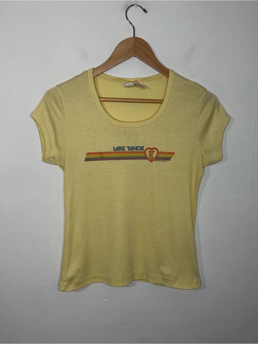 Vintage 80's Lake Tahoe Yellow Rainbow Heart Flower Babydoll Shirt Size Small